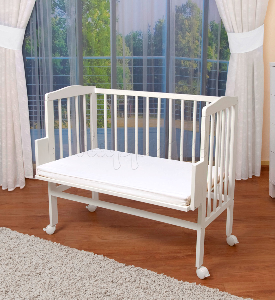 Приставная кроватка COMFORTBABY PLUS БЕЛОСНЕЖНЫЙ + КОМПЛЕКТ CLASSIC MINI РОЗОВЫЙ